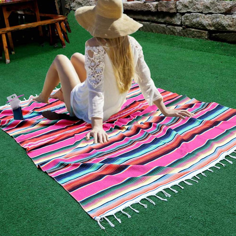 Fowecelt Mexican Serape Blanket Tablecloth 59 x 84 Inch for Mexican Party Wedding Decorations Outdoor Picnics Dining Table, Large Square Fringe Cotton Handwoven Table Cloth - Image 5